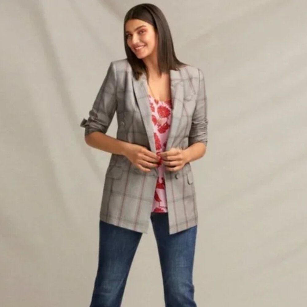 Cabi 5470 Sleuth Plaid Long Blazer Jacket Size 8 *FLAW*